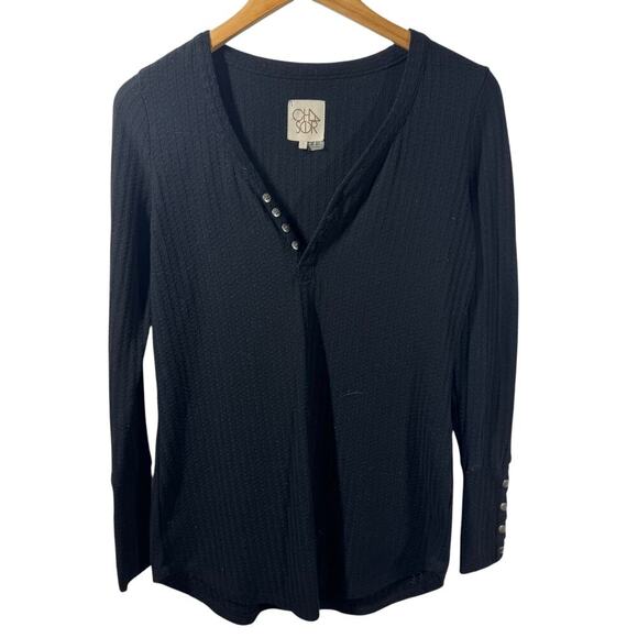 Chaser Top Women S Black Henley Long Sleeve Tunic Boho Spring Waffle Relaxed - Picture 1 of 7